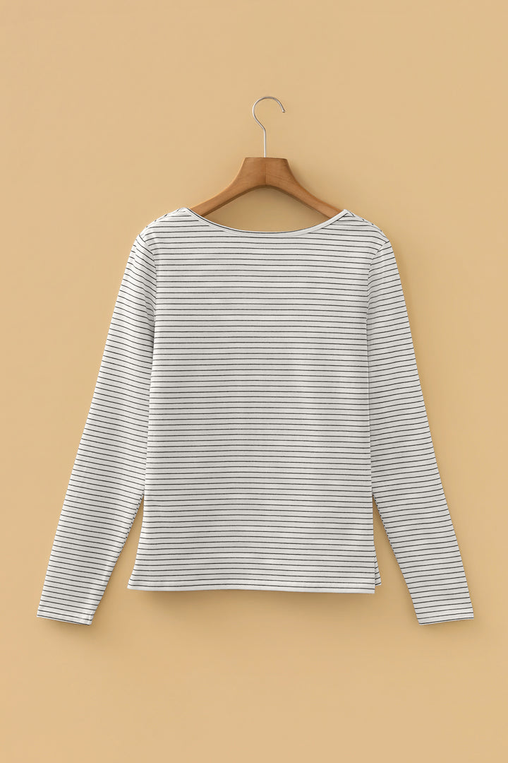 White Stripe Square Neck Long Sleeve Top