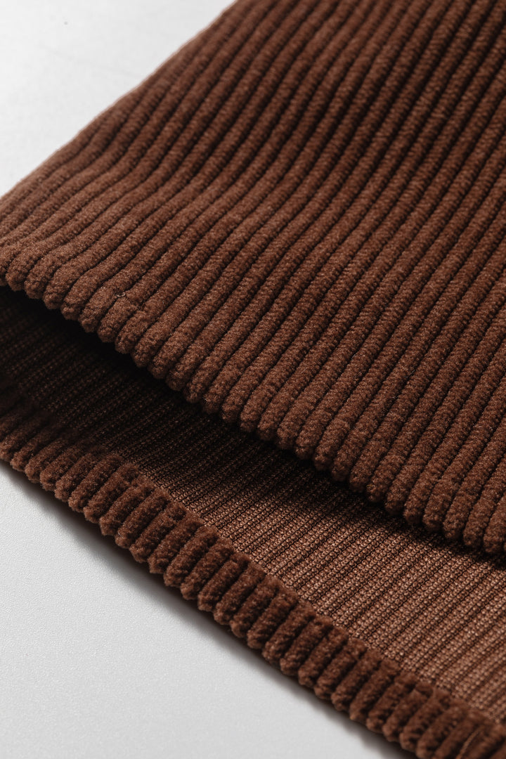 Coffee Solid Color Ruffle Trim V Neck Long Sleeve Button Corduroy Shakcet