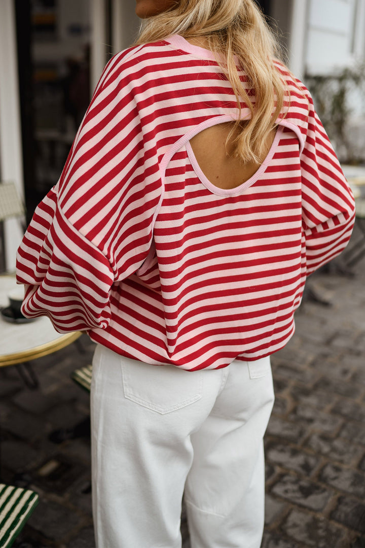 Red Stripe Cutout Open Back Long Sleeve Loose Top