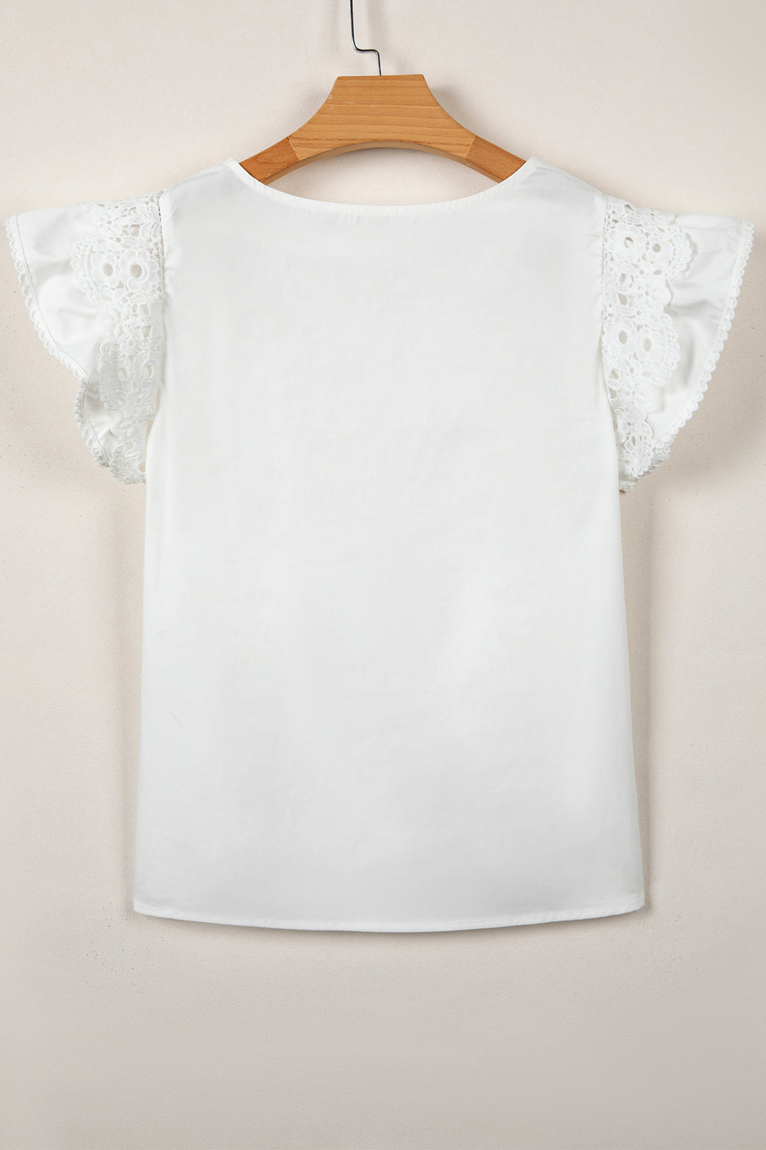 White Lace Detail Flutter Sleeve Pleated Round Neck Blouse
