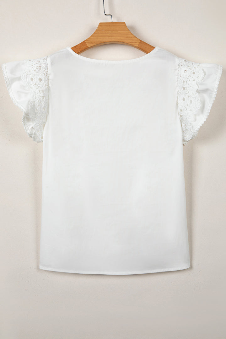 White Lace Detail Flutter Sleeve Pleated Round Neck Blouse