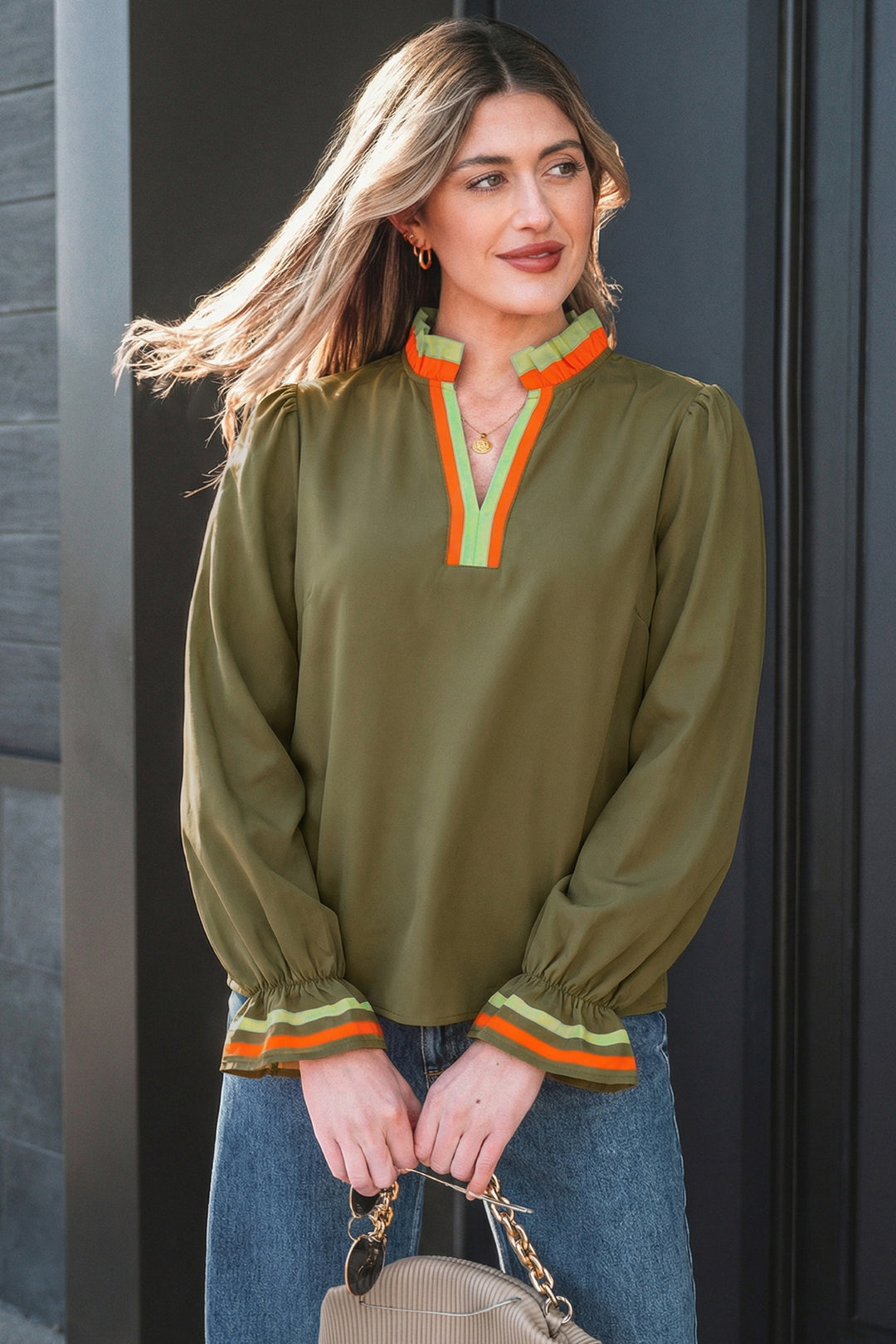 Black Striped Trim Ruffle Split Neck Long Sleeve Blouse