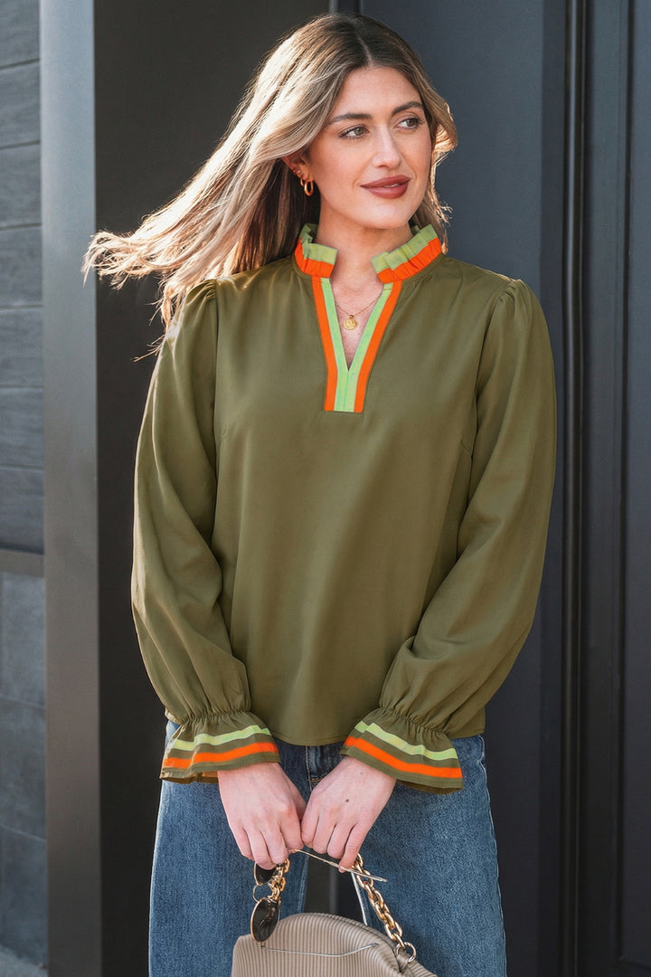 Black Striped Trim Ruffle Split Neck Long Sleeve Blouse