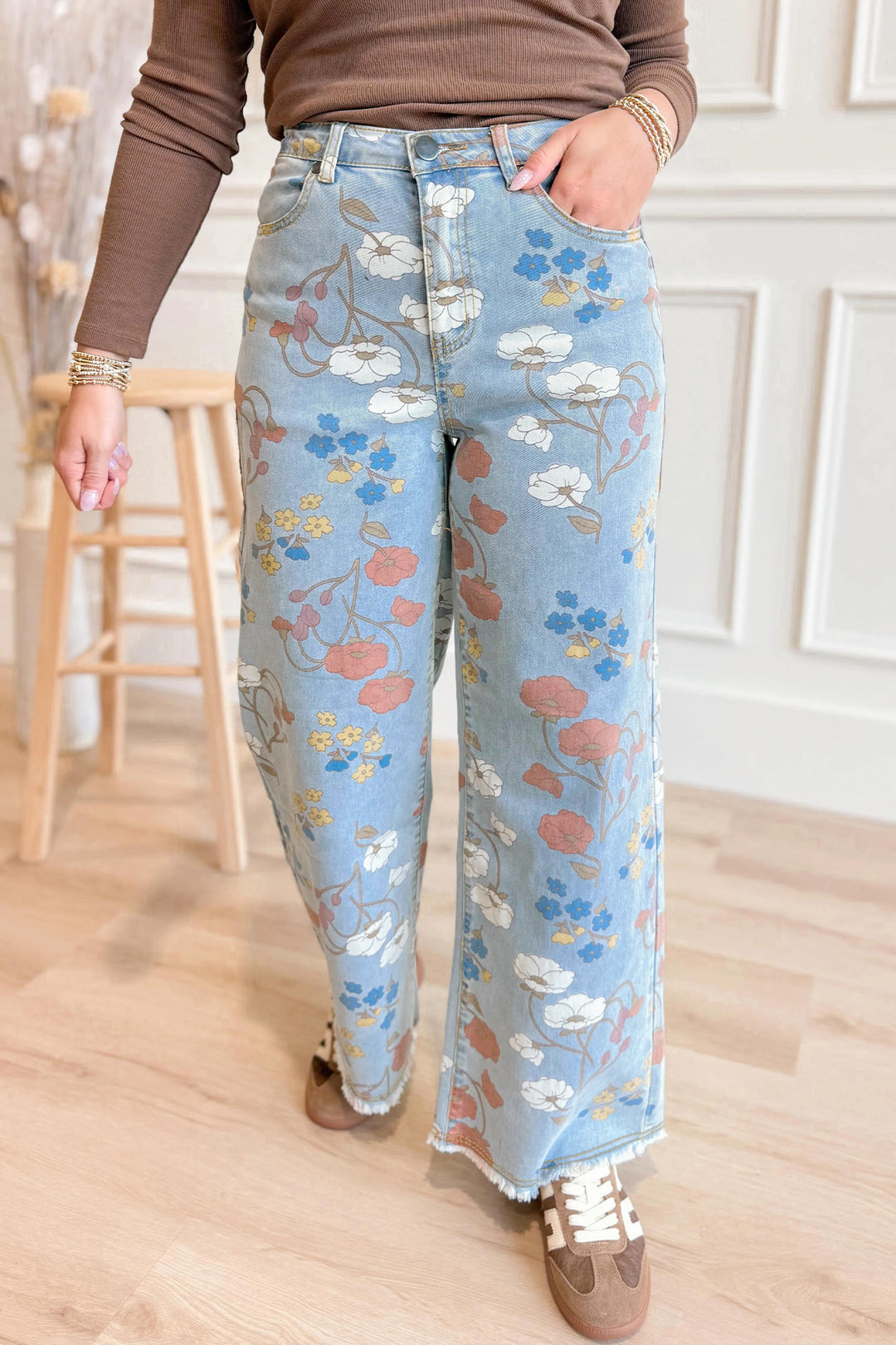 Sky Blue Floral Printed Raw Hem Shift Jeans