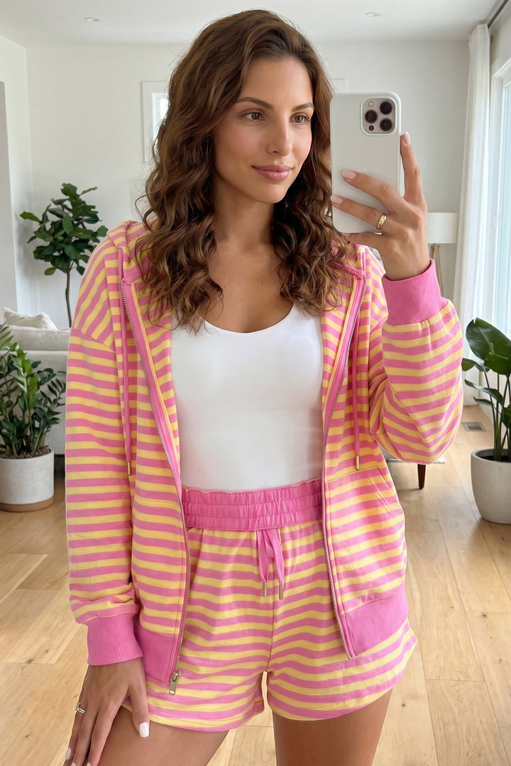 Rose Red Striped Long Sleeve Zip-Up Hoodie Drawstring Elastic Waist 2pcs Short Set