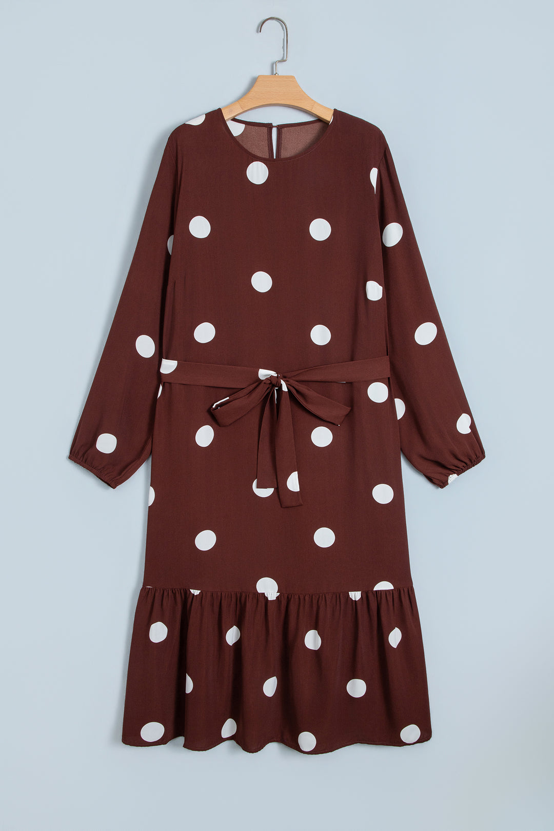 Brown Polka Dot Ruffled Hem Long Sleeve Tie Waist Plus Size Dress