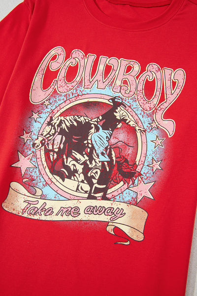 Tomato Red COWBOY Take Me Away Graphic Western Loose Tee