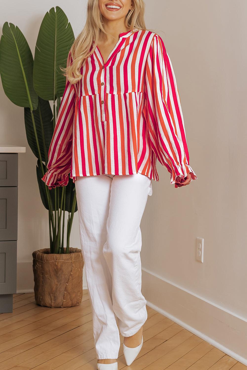 Orange Stripe Balloon Sleeve Notched V Neck Buttoned Front Blouse