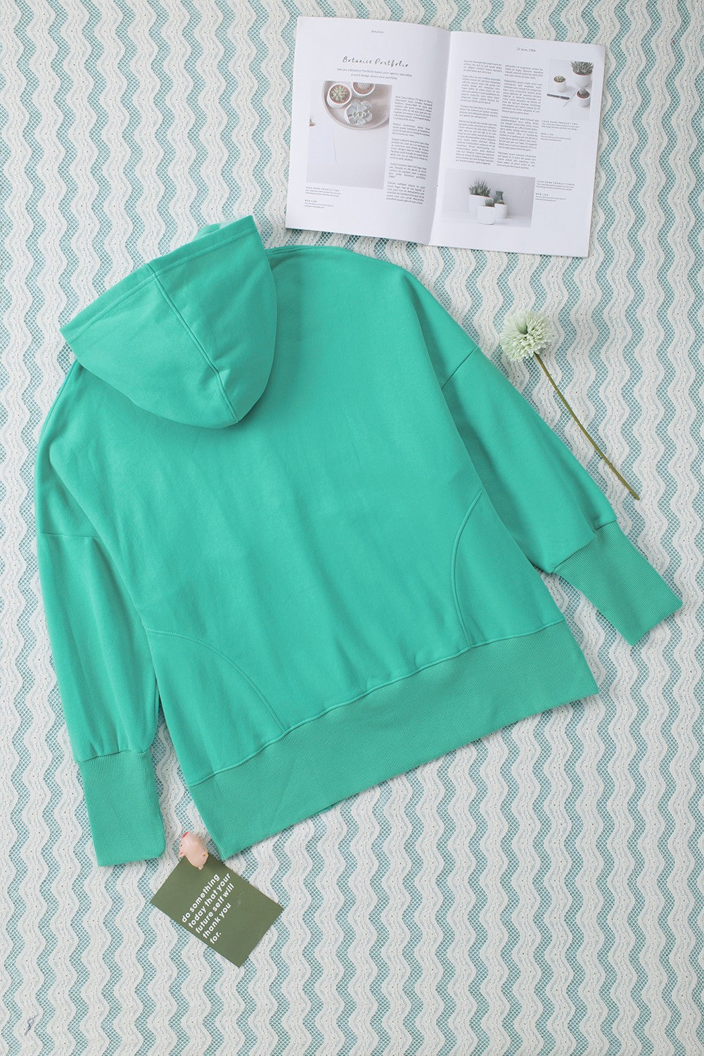 Turquoise Batwing Sleeve Pocketed Henley Hoodie