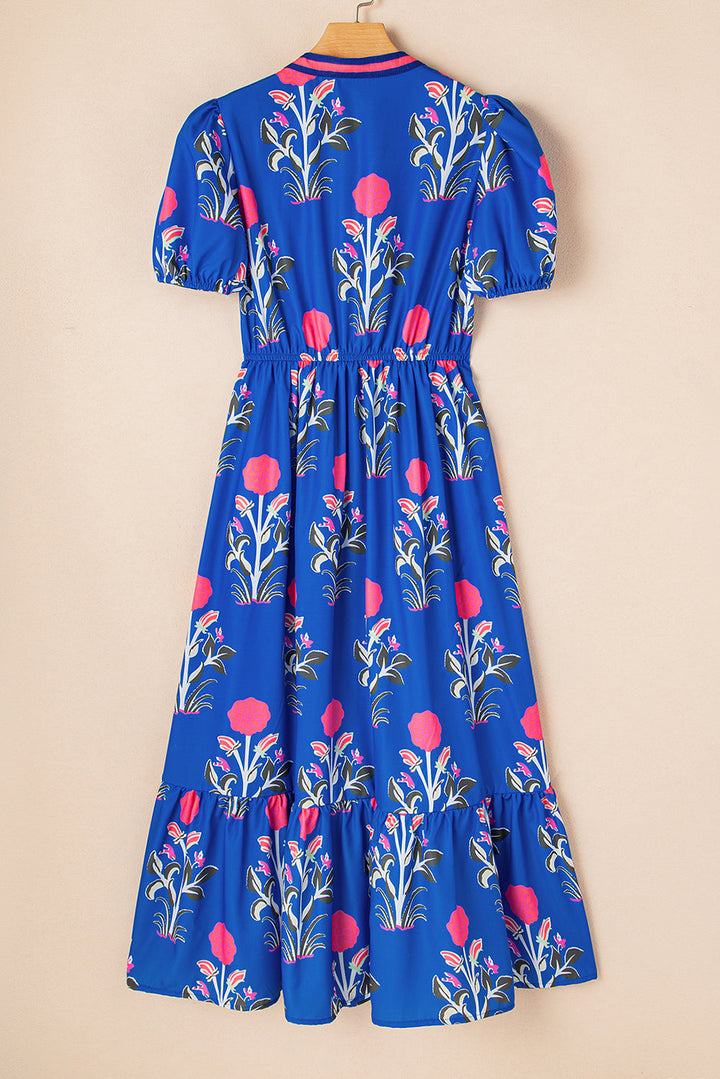 Julietta Floral Puff Short Sleeve V Neck High Waist Maxi Dress