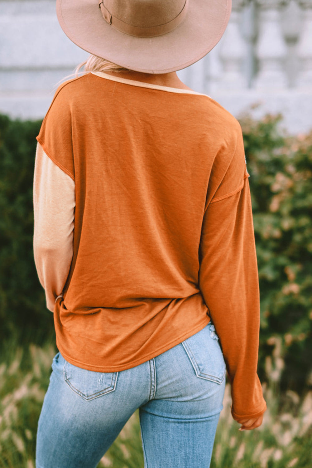 Orange Stripe Color Block Splicing Long Sleeve Henley Top