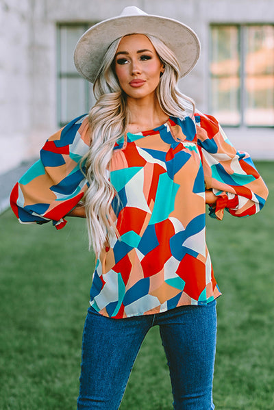 Multicolor Abstract Pattern Crewneck Ruffled Puff Sleeve Blouse