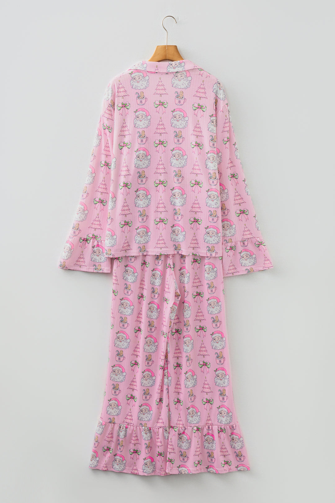 Pink Christmas Print Ruffled Ribbed Shirt & Pants 2 Piece PJ Set