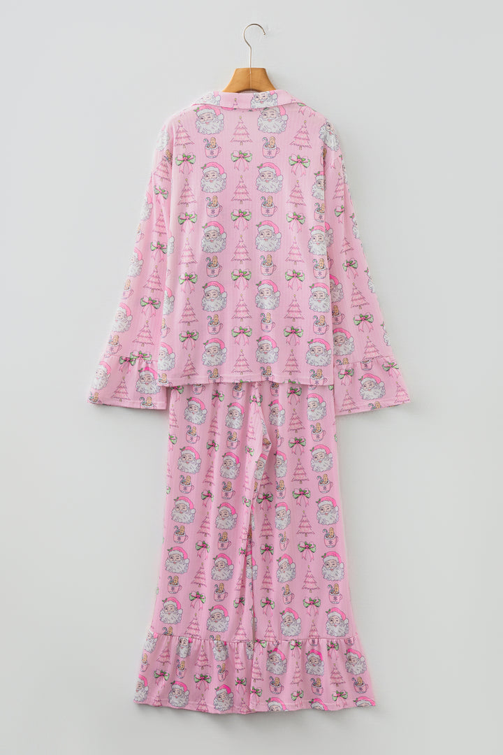 Pink Christmas Print Ruffled Ribbed Shirt & Pants 2 Piece PJ Set
