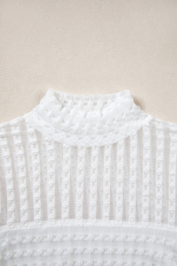 Beige Textured Sheer Lace High Neck Long Sleeve Top