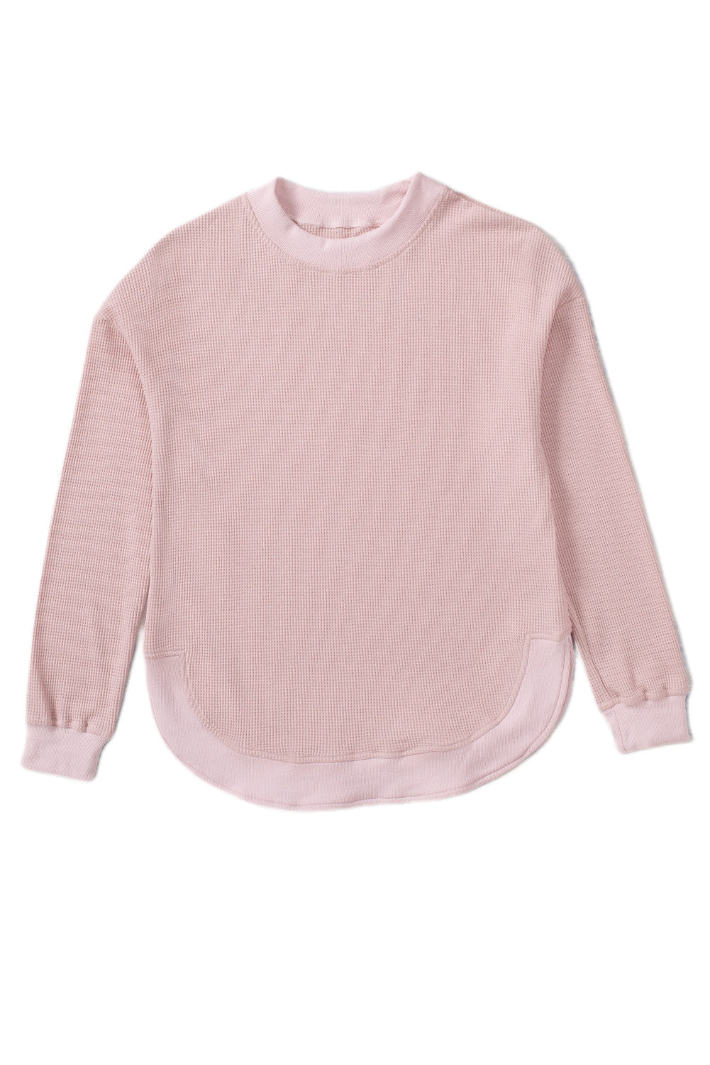 Pink Crew Neck Ribbed Trim Waffle Knit Top