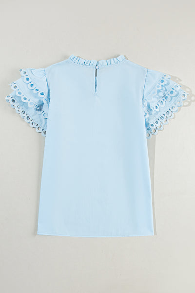 Beau Blue Layered Ric Rac Cap Sleeve Filled Neck Blouse