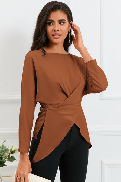 Brown Lace-up Wrapped Split Hem Solid Long Sleeve Top