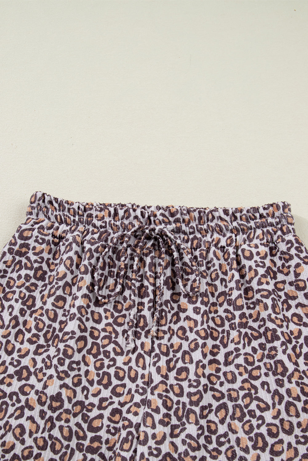 Khaki Leopard Ribbed Long Sleeve Top Drawstring Shorts 2pcs Outfit