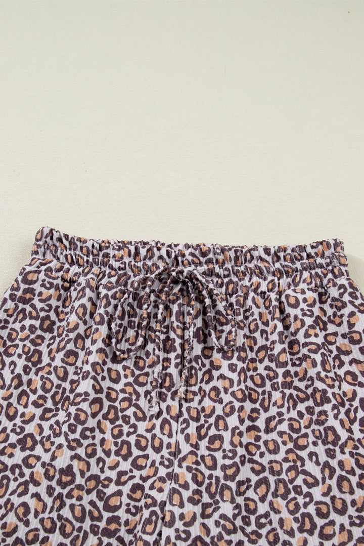 Khaki Leopard Ribbed Long Sleeve Top Drawstring Shorts 2pcs Outfit