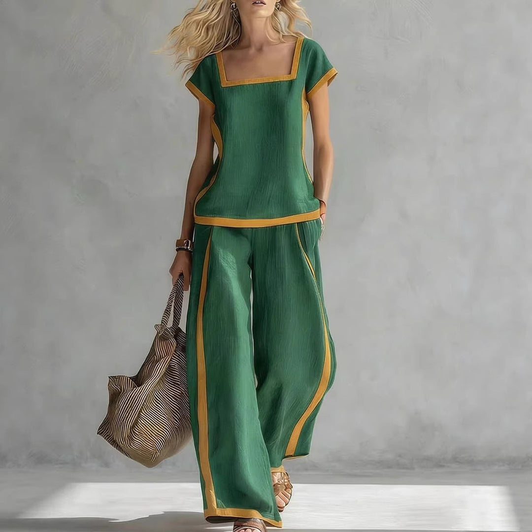 Solid Color Shirt &amp; Wide-Leg Trousers Two-Piece Set