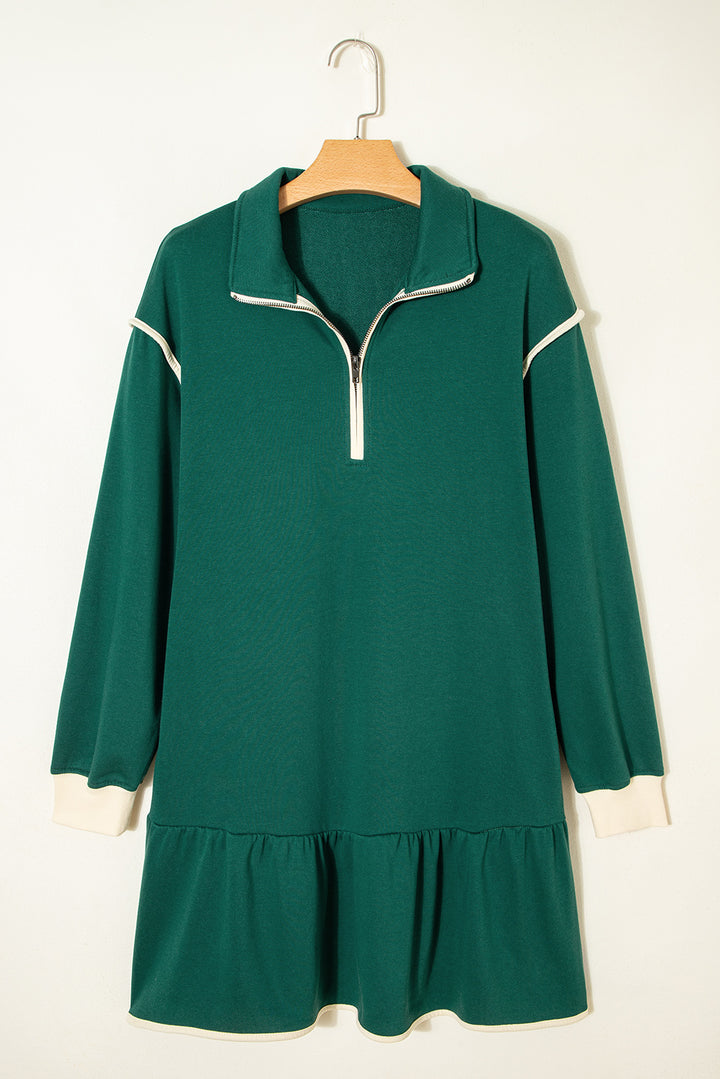 Evergreen Contrast Trim Zip Collar Long Sleeve Ruffle Hem Mini Dress