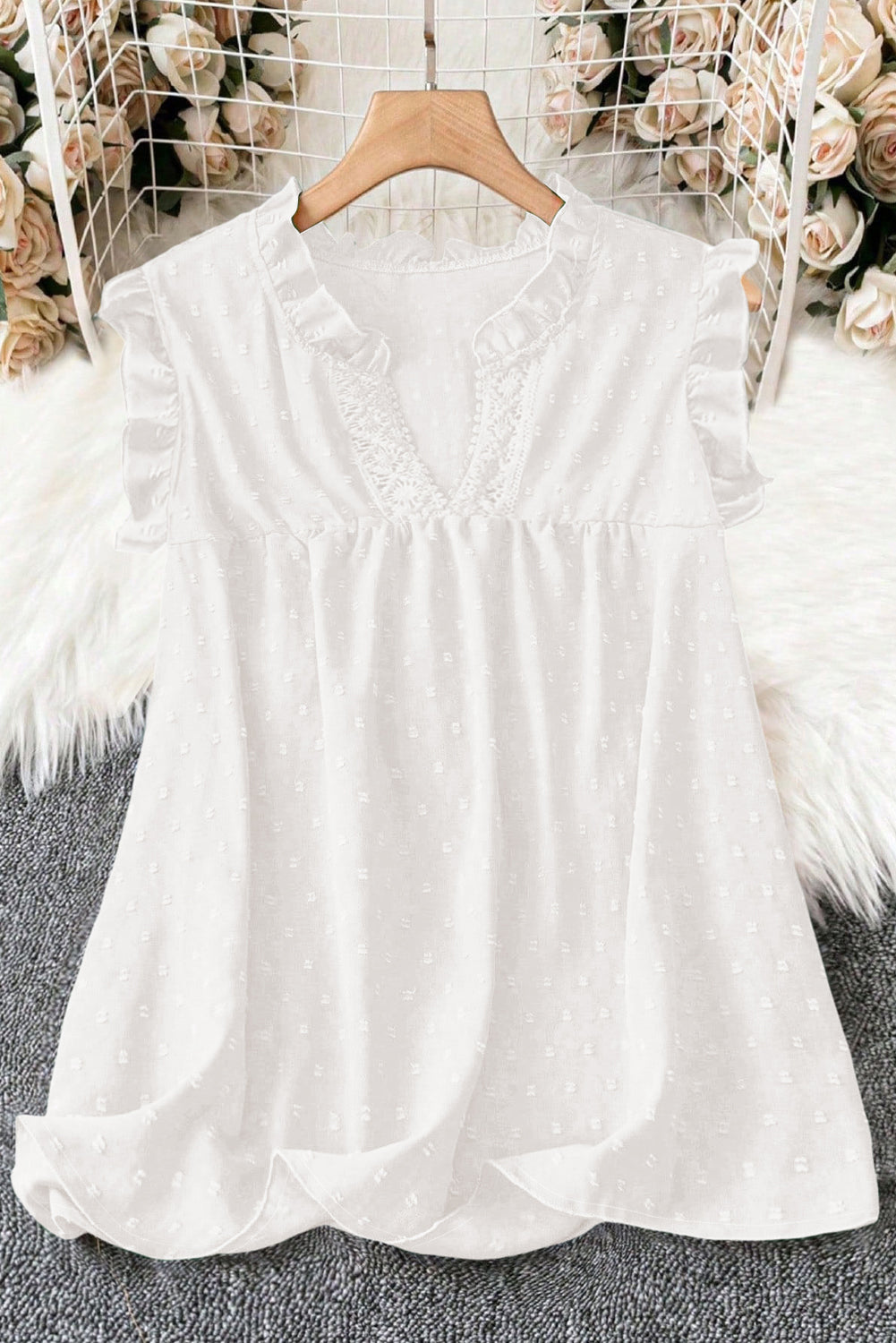 Black Plus Size Swiss Dot Ruffle Lace Trim V Neck Tank Top