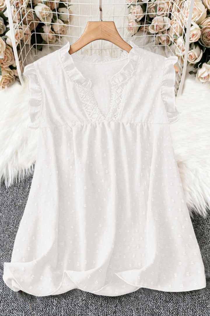 Black Plus Size Swiss Dot Ruffle Lace Trim V Neck Tank Top