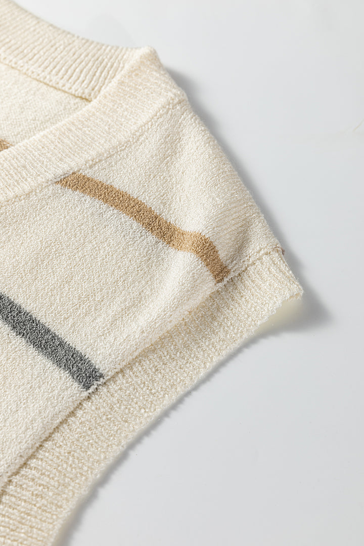 Multicolour Striped Print Button V Neck Sweater Vest