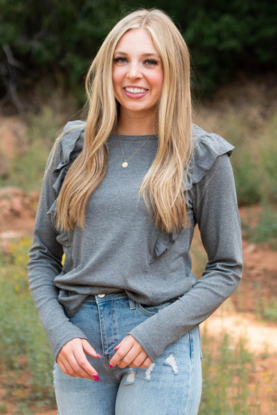 Dark Grey Solid Color Ruffled Crew Neck Long Sleeve Top