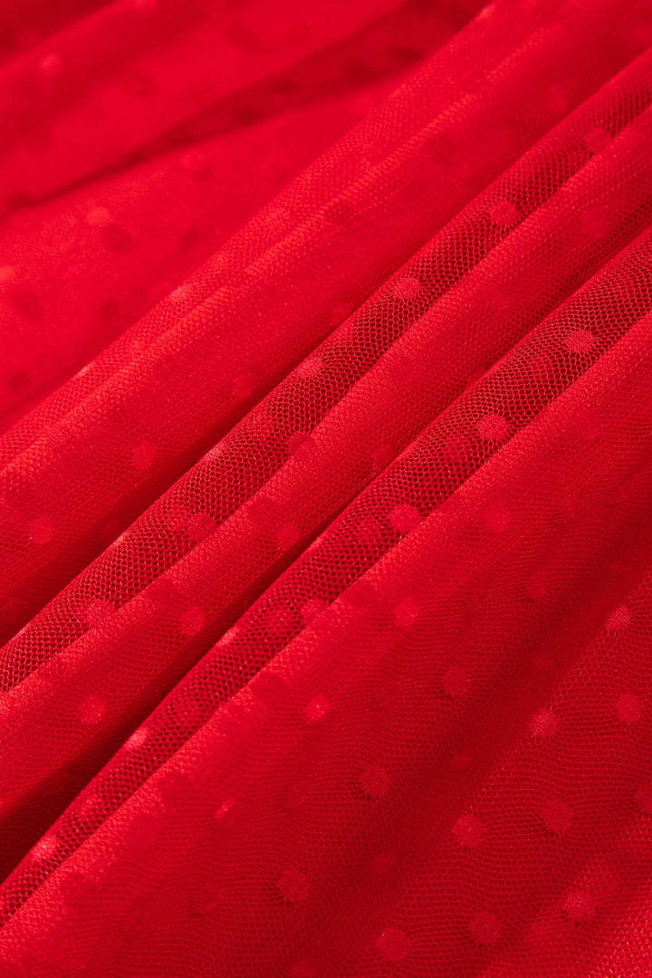Fiery Red Tiered Tulle Smocked Bodice Puff Sleeve Dress