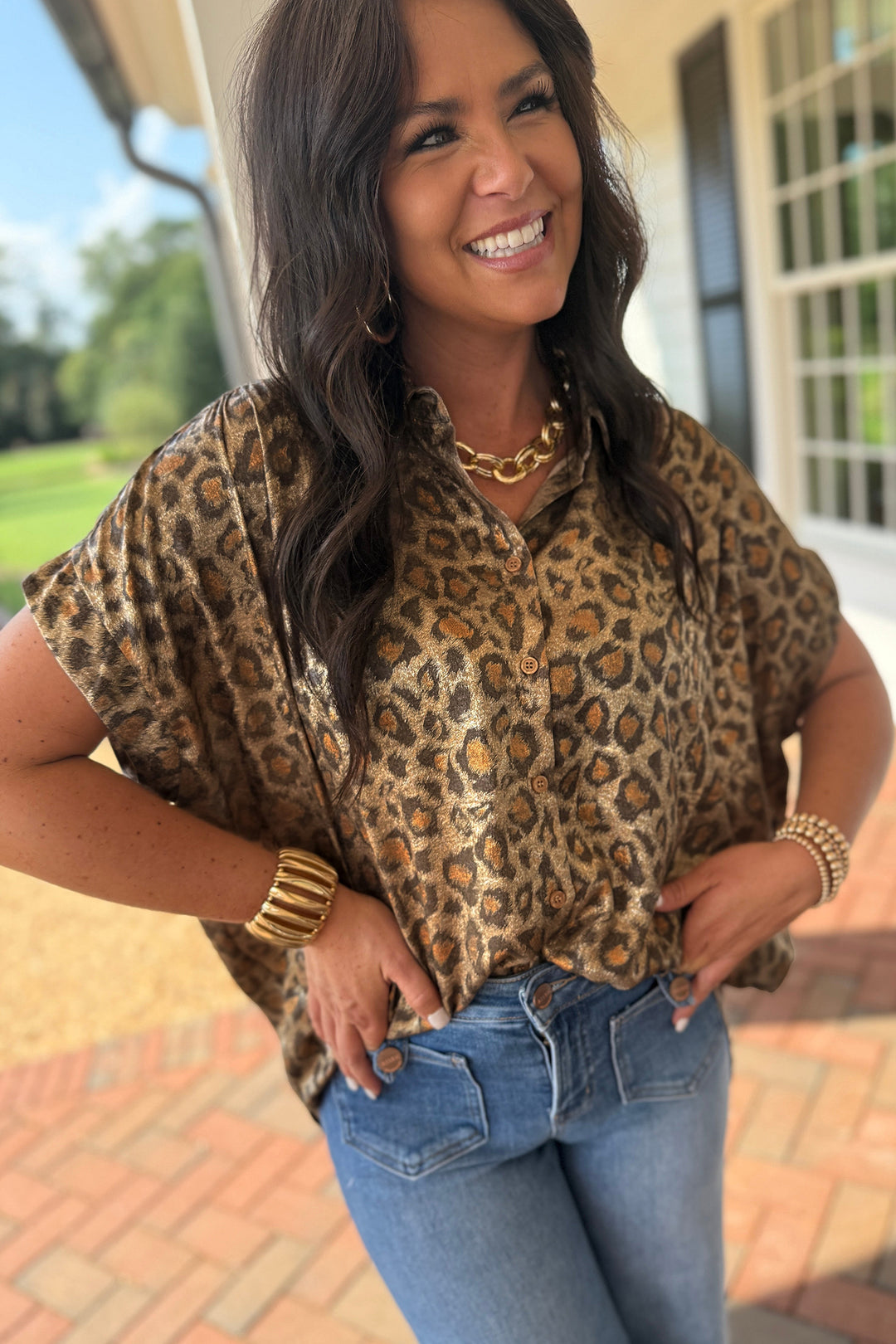 Gold Metallic Leopard Short Sleeve Casual Shirt