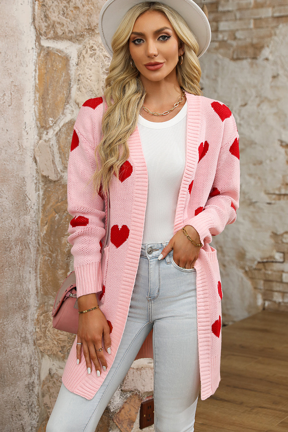 Light Pink Valentine's Day Heart Pattern Ribbed Trim Open Front Cardigan