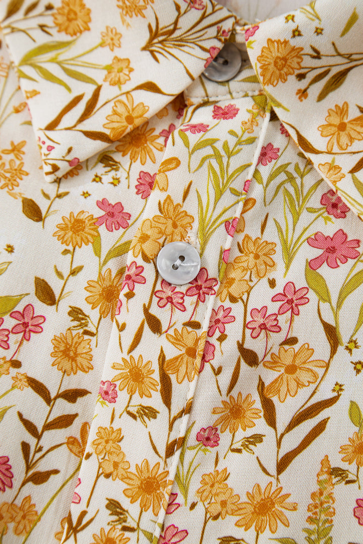 Yellow Floral Print Frilly Trim Smocked Cuff Long Sleeve Loose Shirt Dress