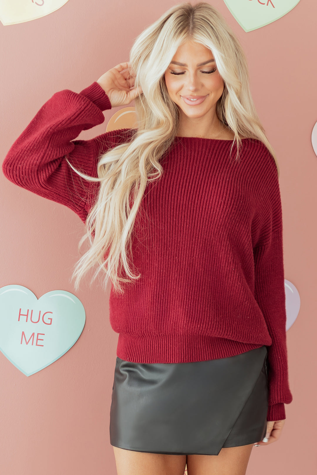 Red Dahlia Ribbed Knit Ribbon Knot Backless Drop Shoulder Sweater