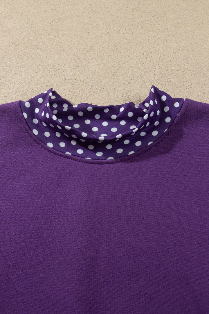 Tillandsia Purple Polka Dot Patchwork Round Neck Plus Size Sweatshirt