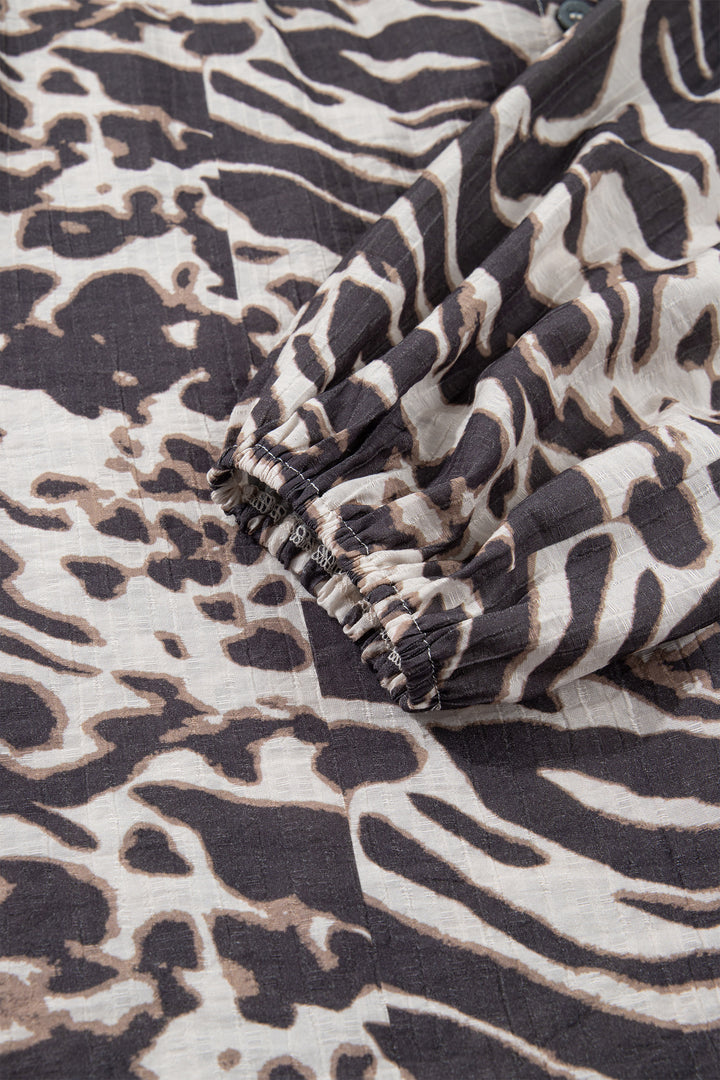 Parchment Leopard Print V Neck Button Down Balloon Sleeve Shirt