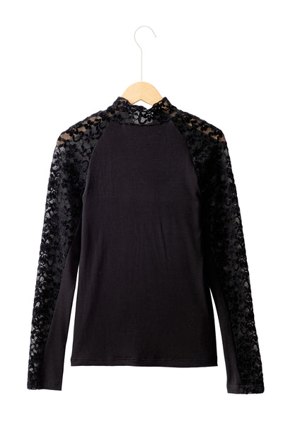 Black Floral Lace Patchwork Long Sleeve High Neck Slim Top