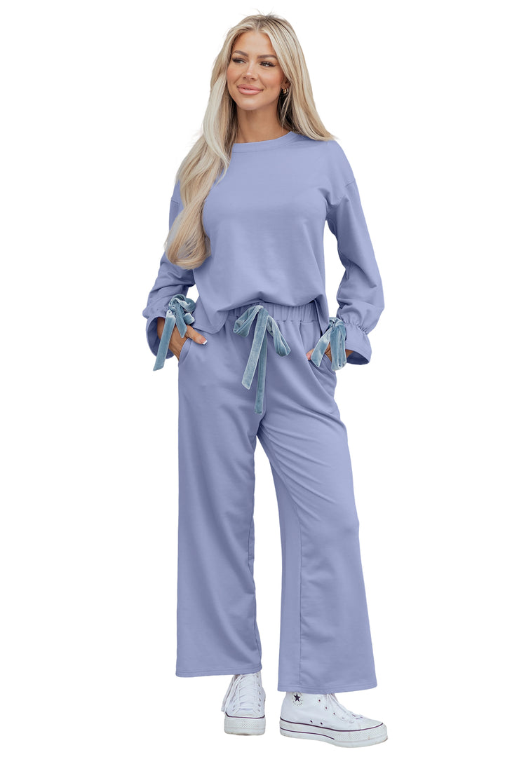 Beau Blue Flounce Long Sleeve Top Drawstring Pants Contrast Velvet Bow Knot 2pcs Lounge Set