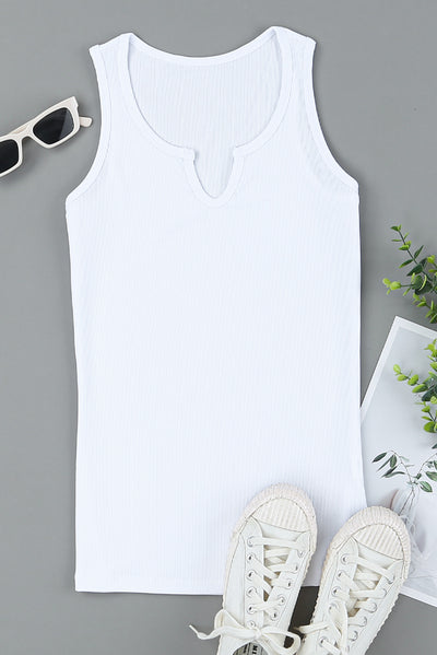 White Split Neck Ribbed Knit Tank Top