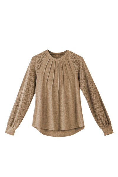 Light French Beige Contrast Lace Raglan Sleeve Plicate Round Neck Top