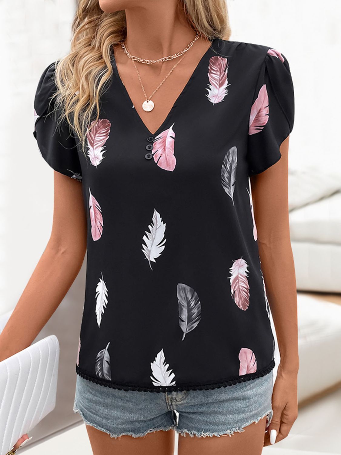 Perfee Printed V-Neck Short Sleeve Blouse