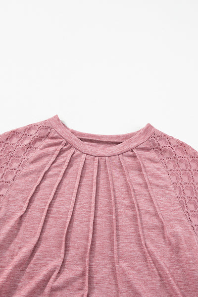 Rose Pink Contrast Lace Raglan Sleeve Plicate Round Neck Top