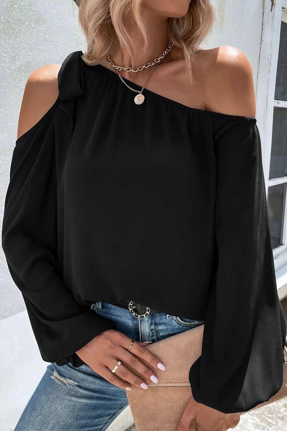 Black Knotted Asymmetric Off Shoulder Blouse