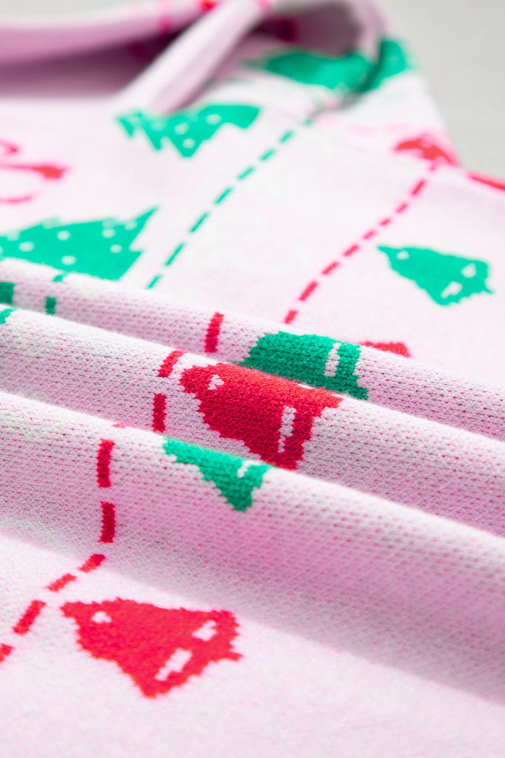 Pink Festive Holiday Print Round Neck Loose Tunic Sweater