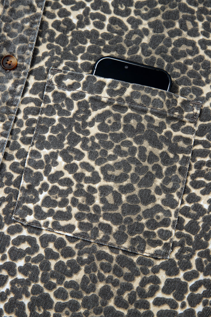 Gray Vintage Leopard Print Short Sleeve Loose Cotton Denim Shirt