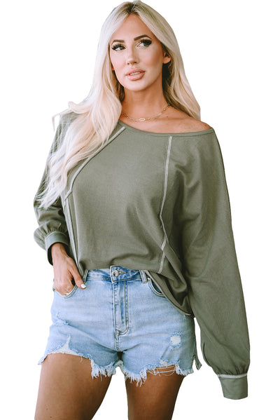 Green Exposed Seam Patchwork Dolman Sleeve Top