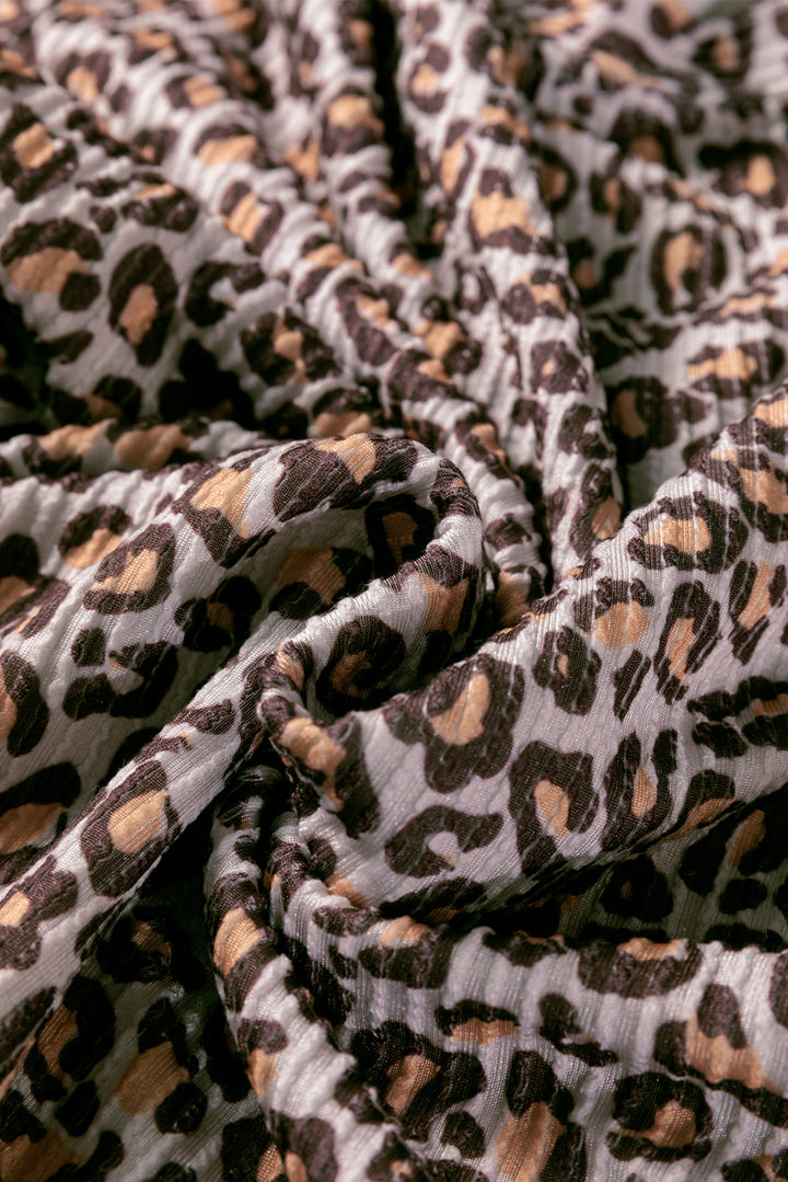 Khaki Leopard Ribbed Long Sleeve Top Drawstring Shorts 2pcs Outfit