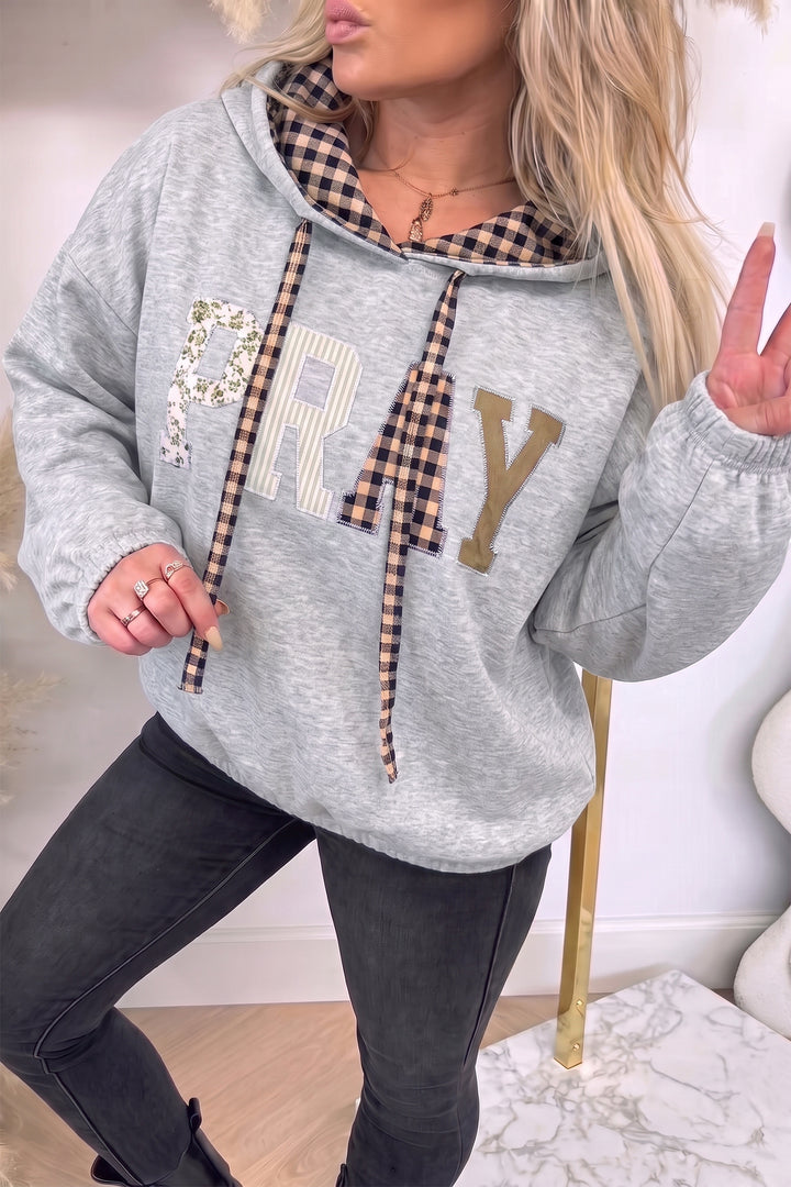 Black PRAY Mix Pattern Letter Graphic Plaid Contrast Drawstring Hoodie