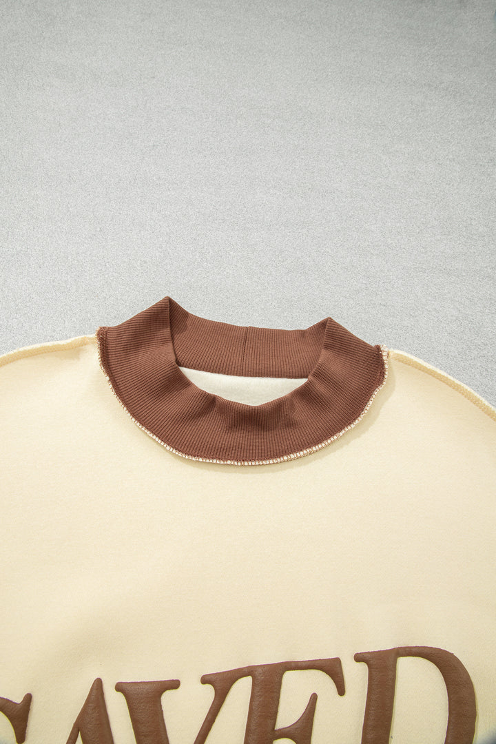 Beige Saved By Grace Print Color Block Mock Neck Oversized Sweatshirt